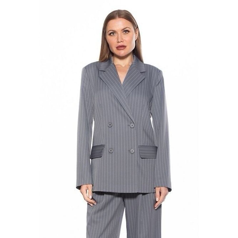 NWT Alexia Admor Indigo Oversized Double Breasted Jacket Gray Stripe - Size 12